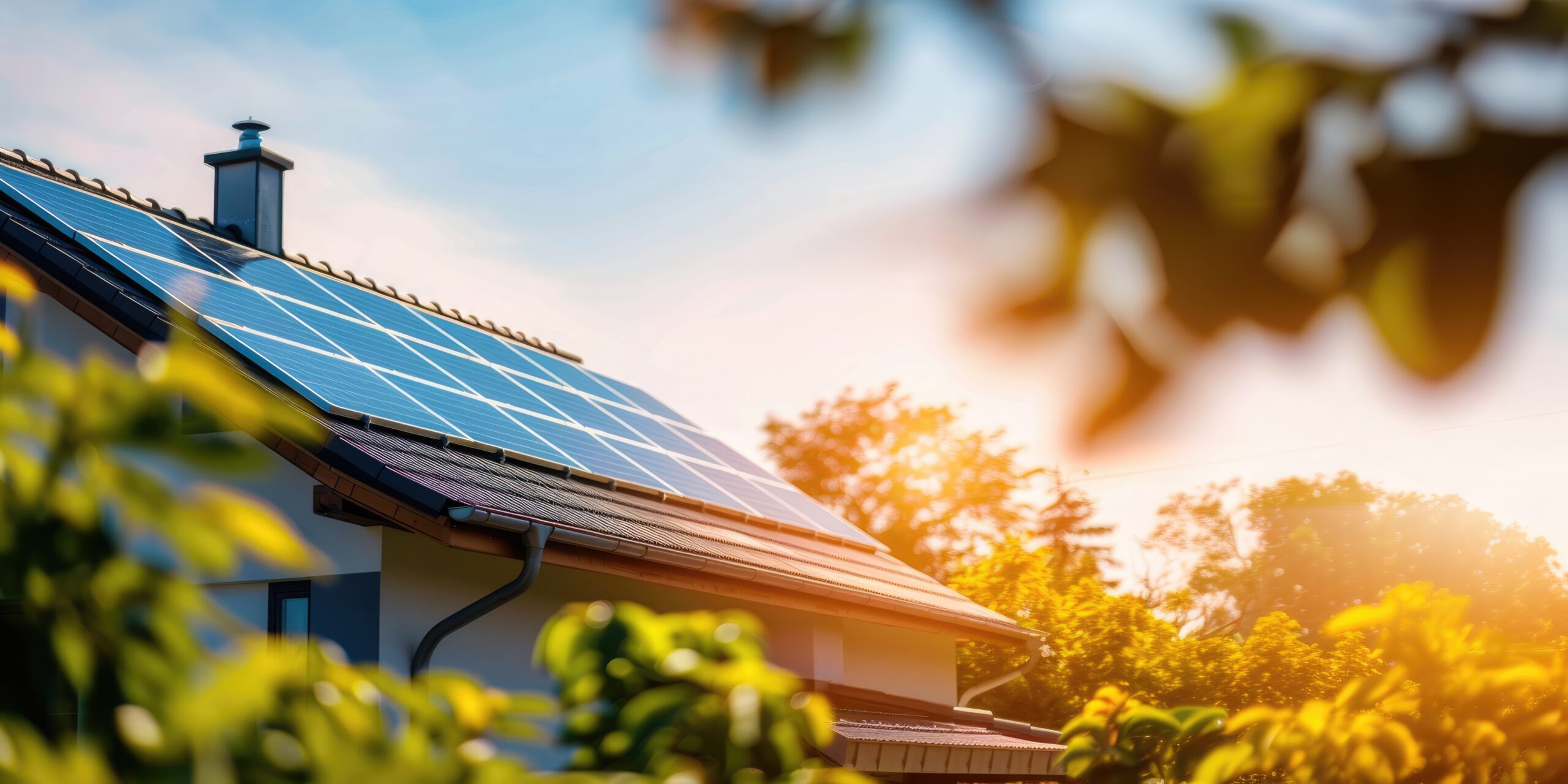 Modern Solar Panels on a roof of house with sunlight.